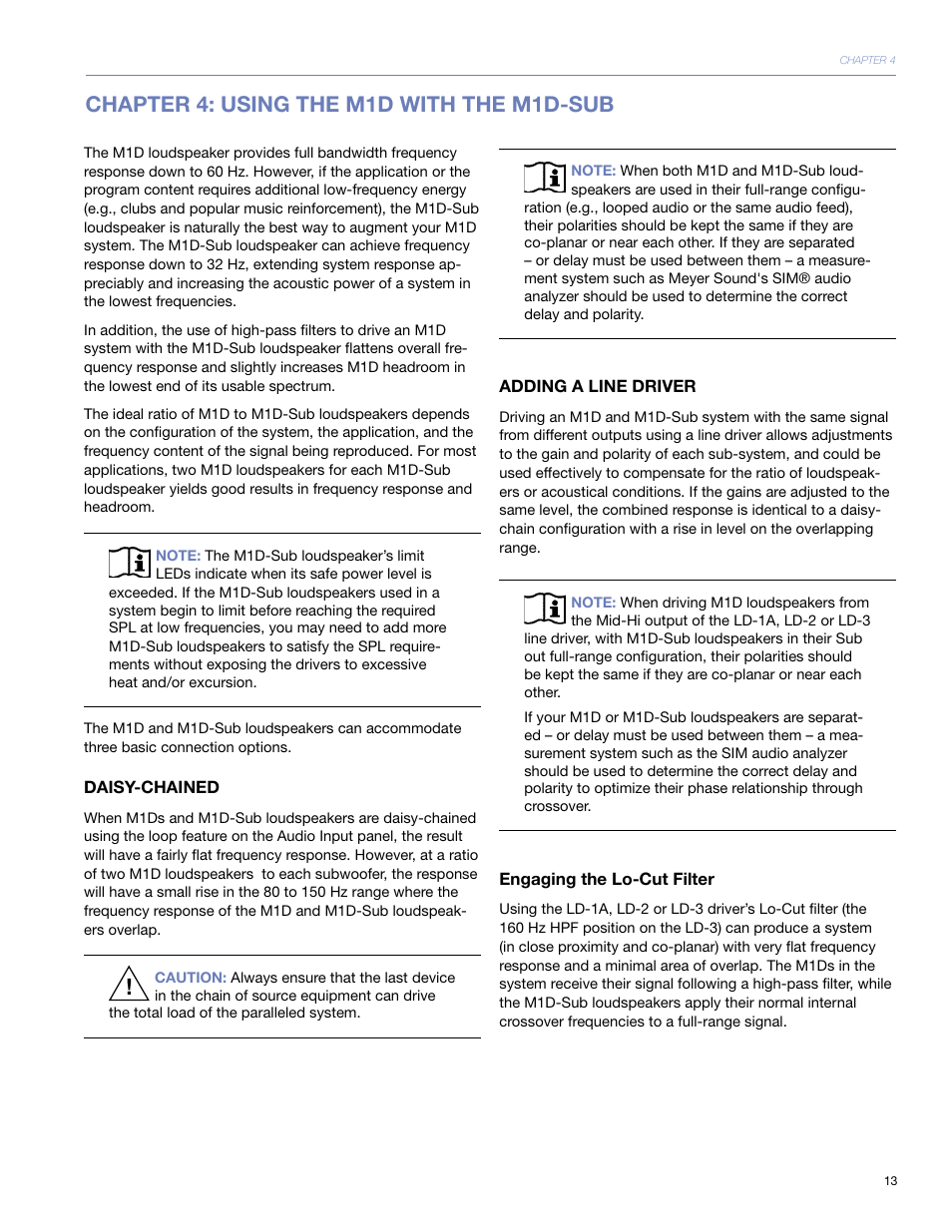 Chapter 4: using the m1d with the m1d-sub, Daisy-chained, Adding a line driver | Engaging the lo-cut filter | Meyer Sound M1D User Manual | Page 19 / 32