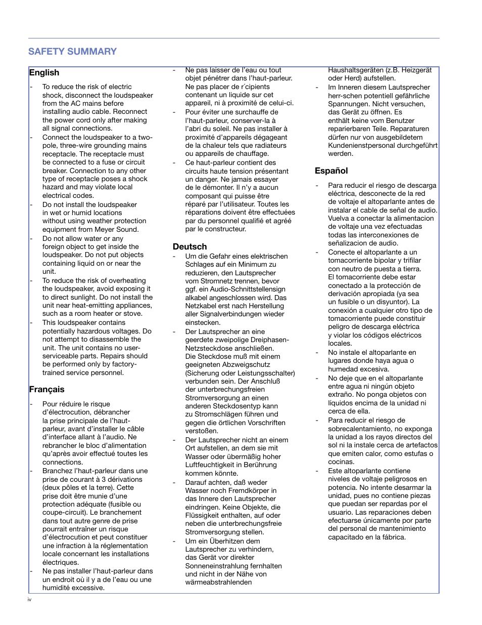 Safety summary | Meyer Sound M1D User Manual | Page 4 / 32