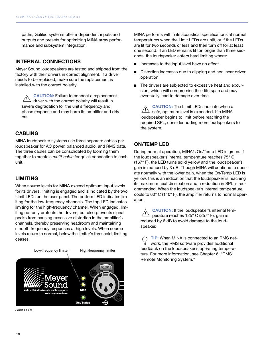 Internal connections, Cabling, Limiting | On/temp led | Meyer Sound Mina Compact User Manual | Page 18 / 52