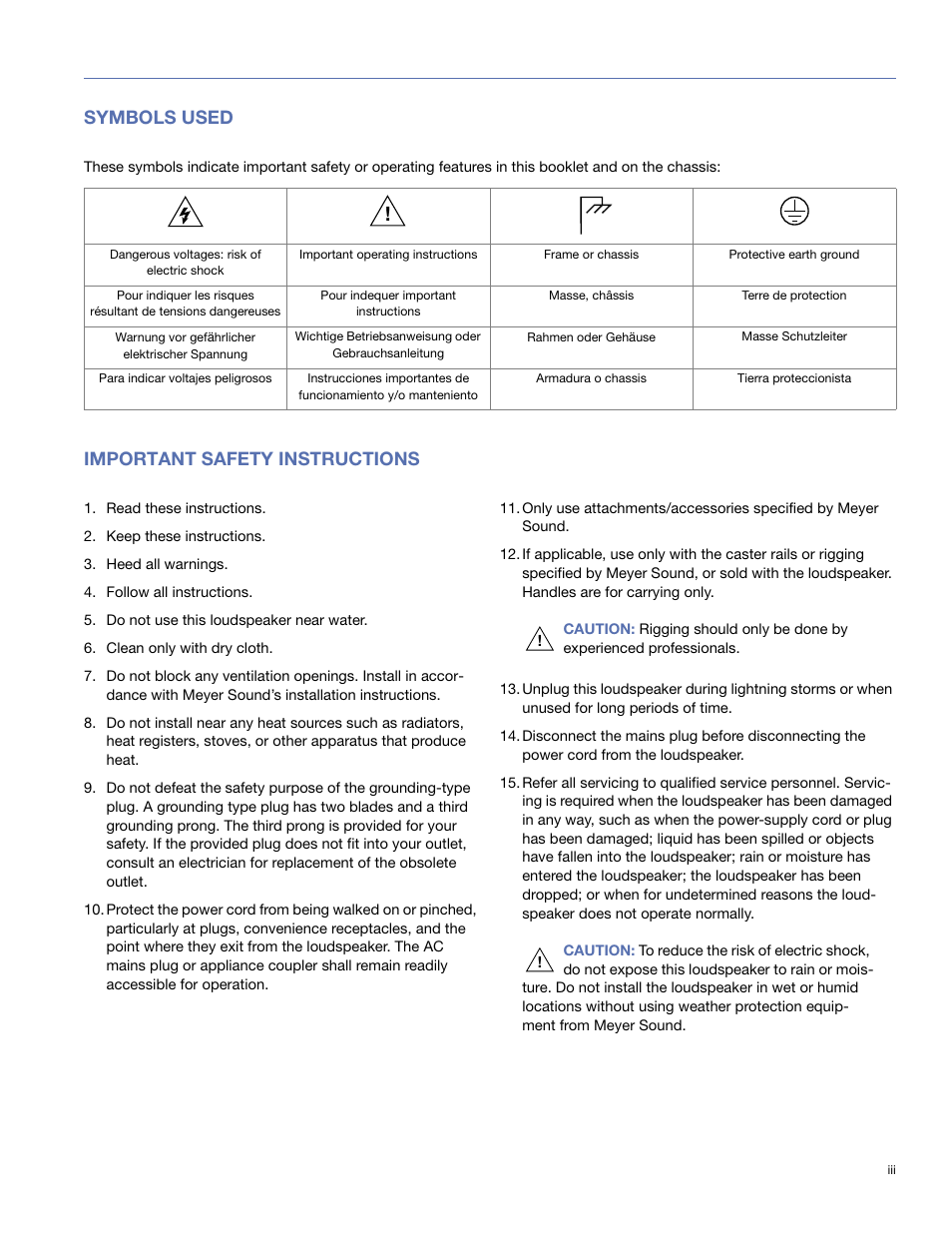 Symbols used, Important safety instructions | Meyer Sound Mina Compact User Manual | Page 3 / 52