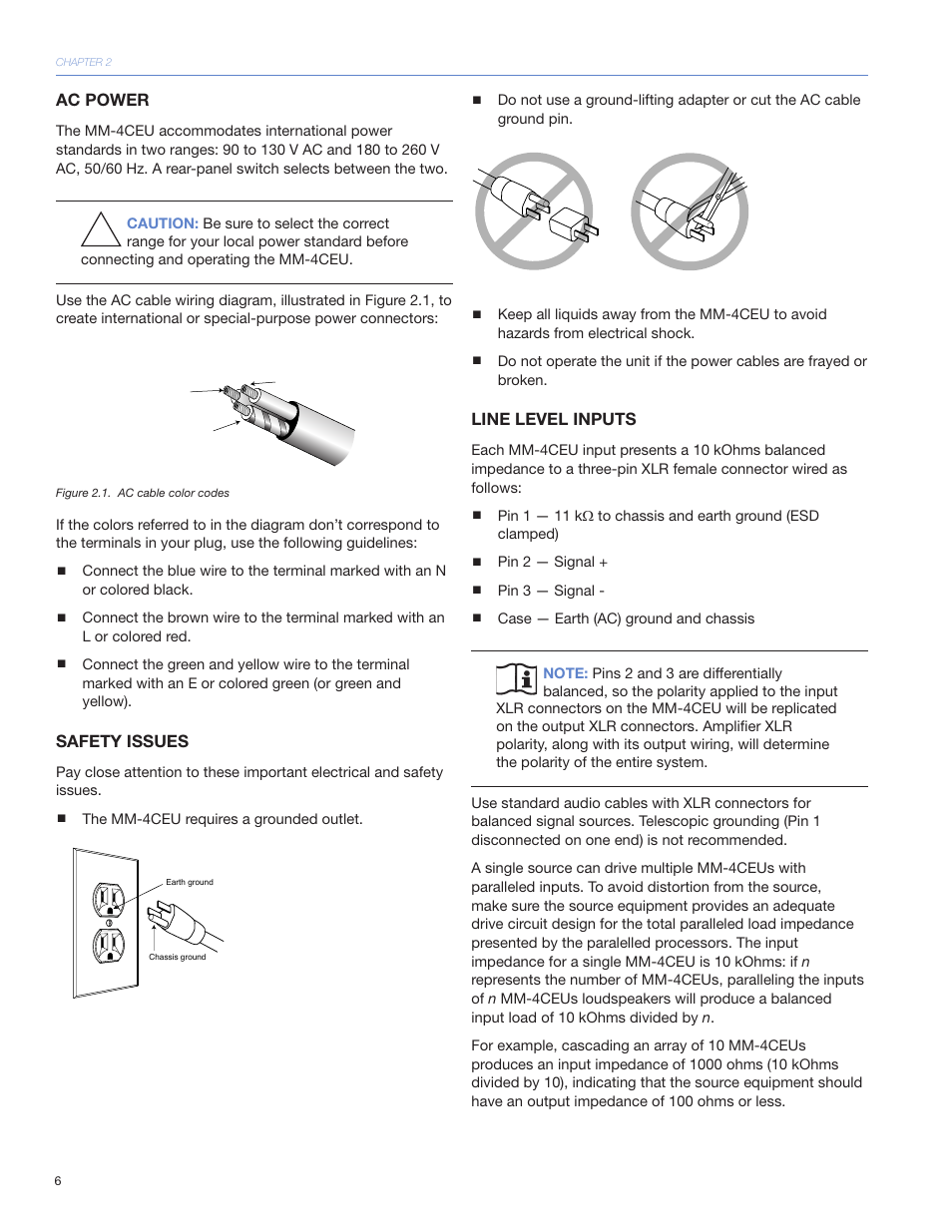 Ac power, Safety issues, Line level inputs | Meyer Sound MM-4CEU User Manual | Page 12 / 24