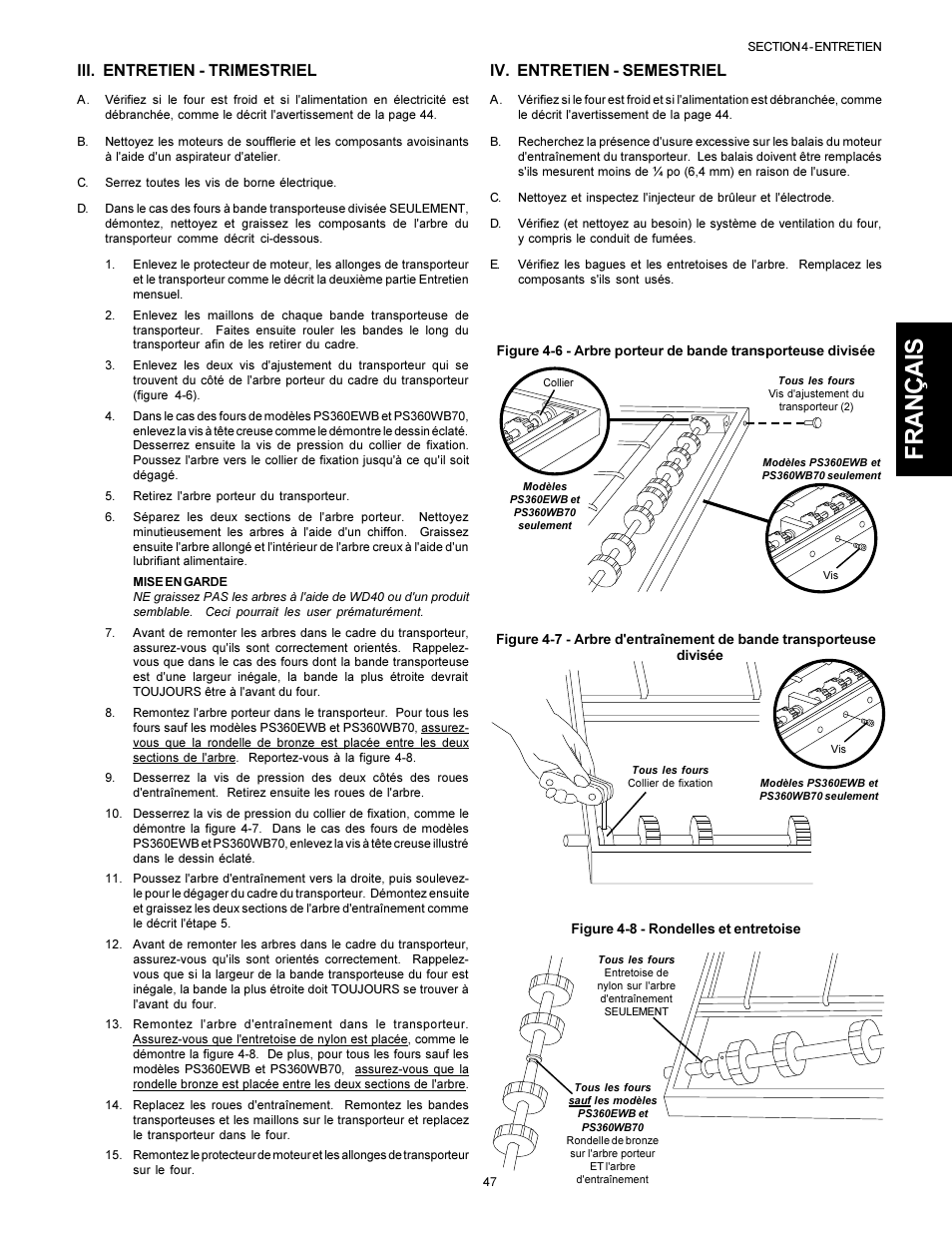 Français, Iii. entretien - trimestriel, Iv. entretien - semestriel | Middleby Marshall PS310 User Manual | Page 47 / 72