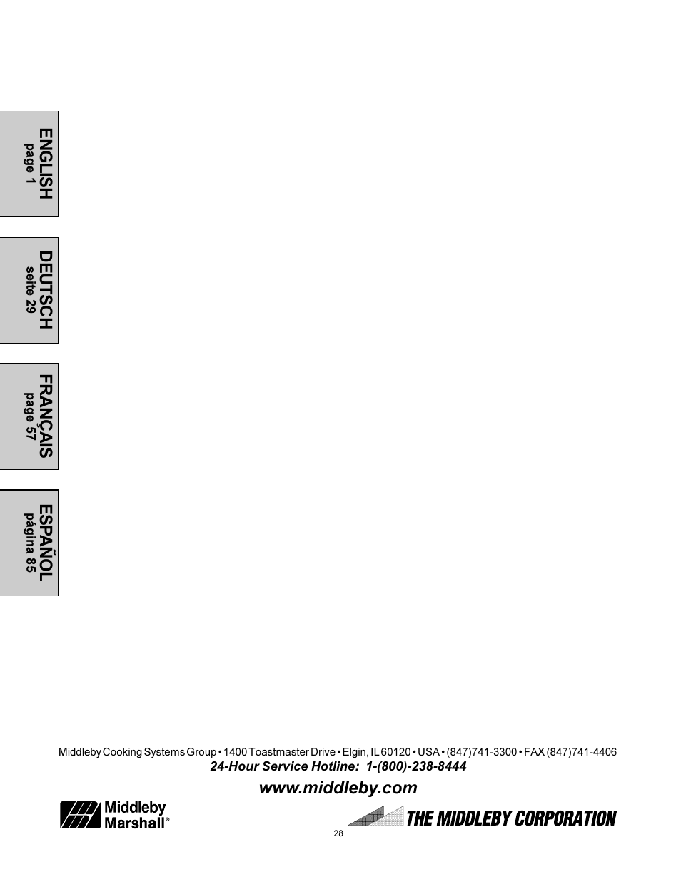 English, Français, Es pañol | Deutsch | Middleby Marshall PS500 User Manual | Page 28 / 28