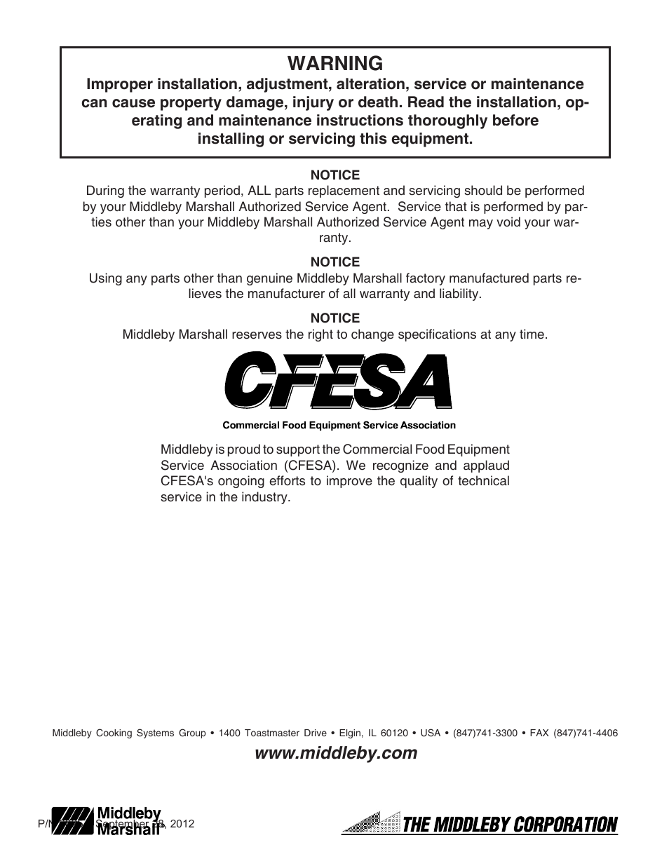 Warning | Middleby Marshall PS740 Series Electric Ovens 60254 User Manual | Page 36 / 36