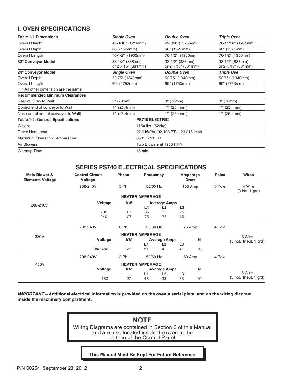 I. oven specifications, Series ps740 electrical specifications | Middleby Marshall PS740 Series Electric Ovens 60254 User Manual | Page 6 / 36