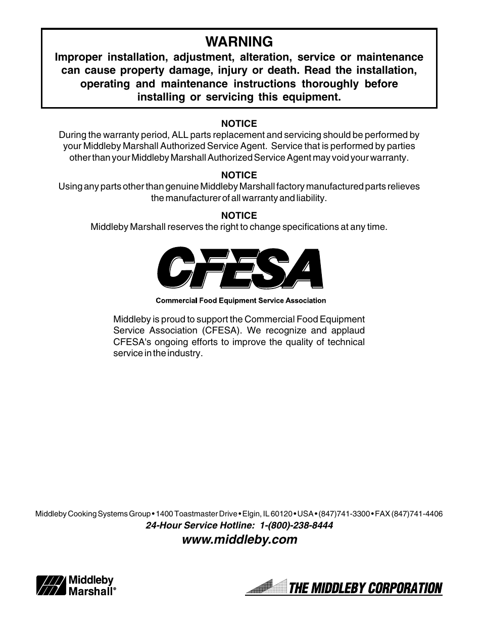 Warning | Middleby Marshall Gas Ovens PS53GS Gas User Manual | Page 44 / 44