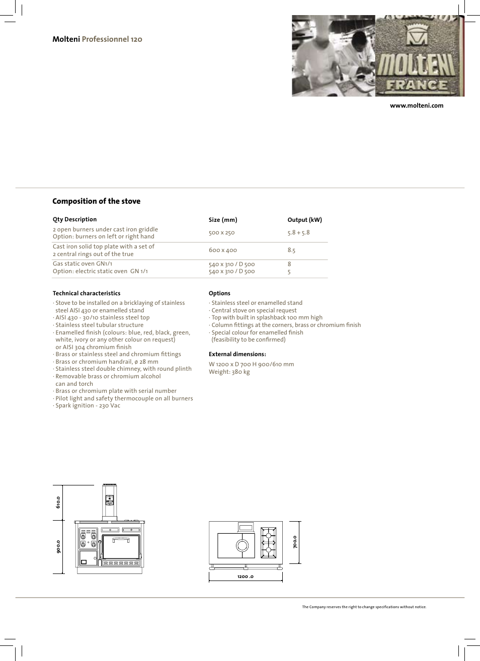 Composition of the stove, Molteni professionnel 120 | Molteni Professionel 120 User Manual | Page 2 / 2