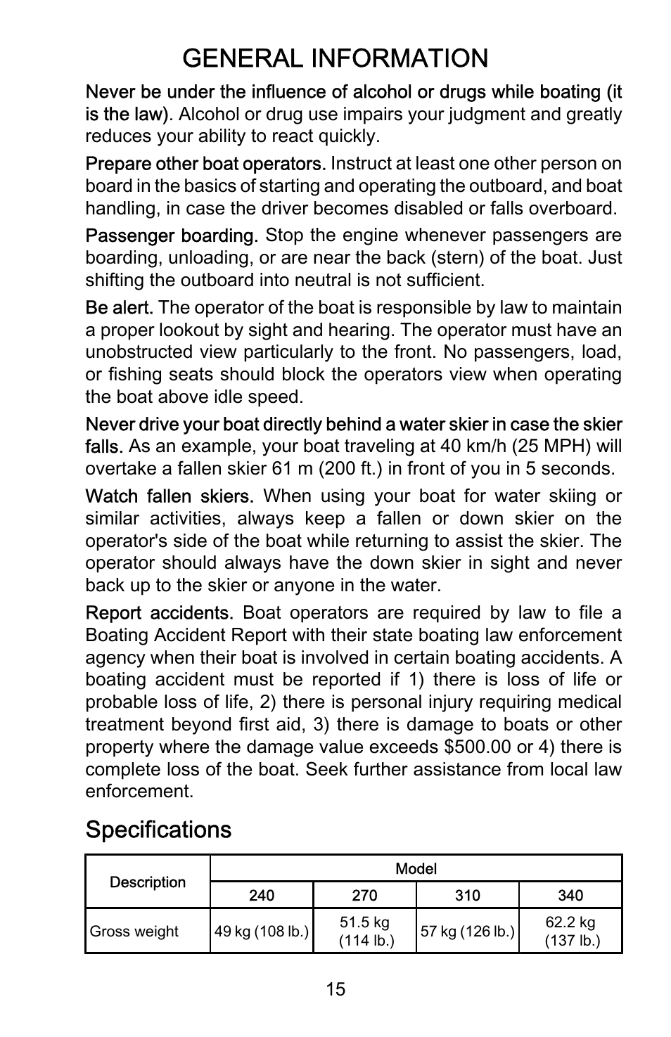 Specifications, General information | Mercury Marine Sport 899183001 User Manual | Page 19 / 42