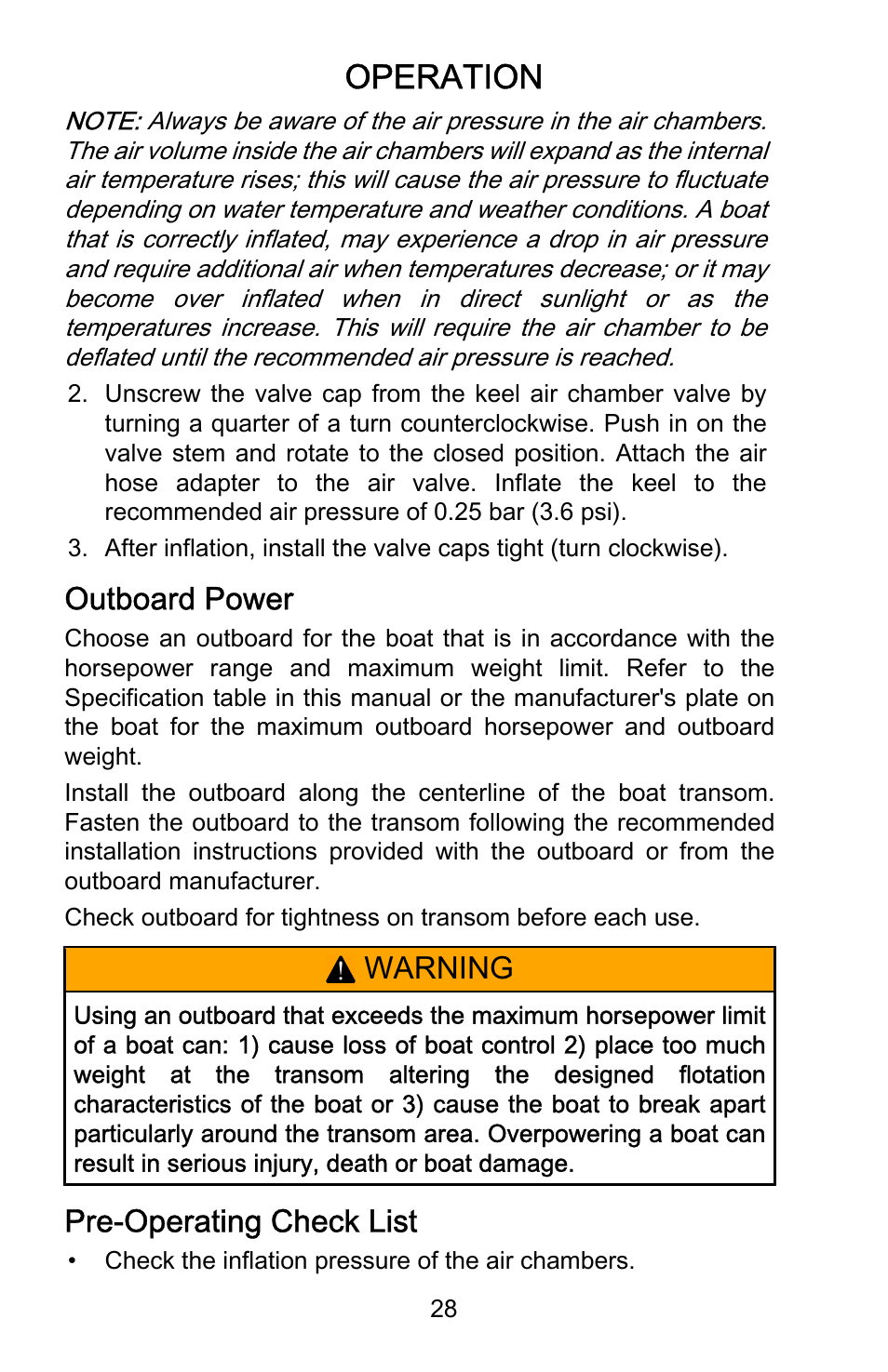 Outboard power, Pre-operating check list, Operation | Warning, Pre‑operating check list | Mercury Marine Sport 899183001 User Manual | Page 32 / 42