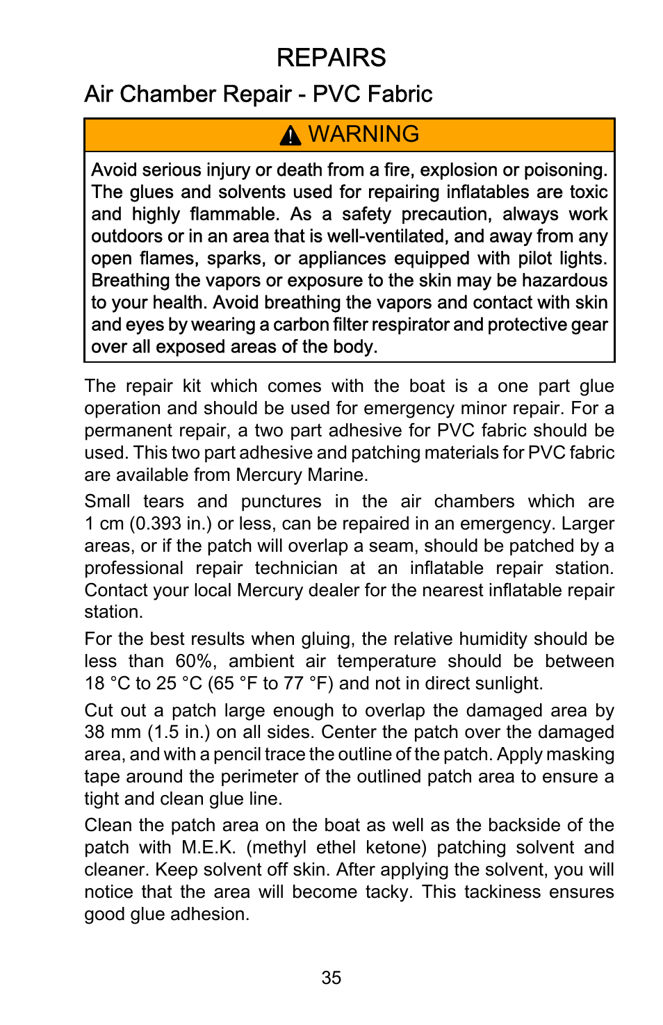 Repairs, Air chamber repair - pvc fabric, Air chamber repair ‑ pvc fabric | Warning | Mercury Marine Sport 899183001 User Manual | Page 39 / 42