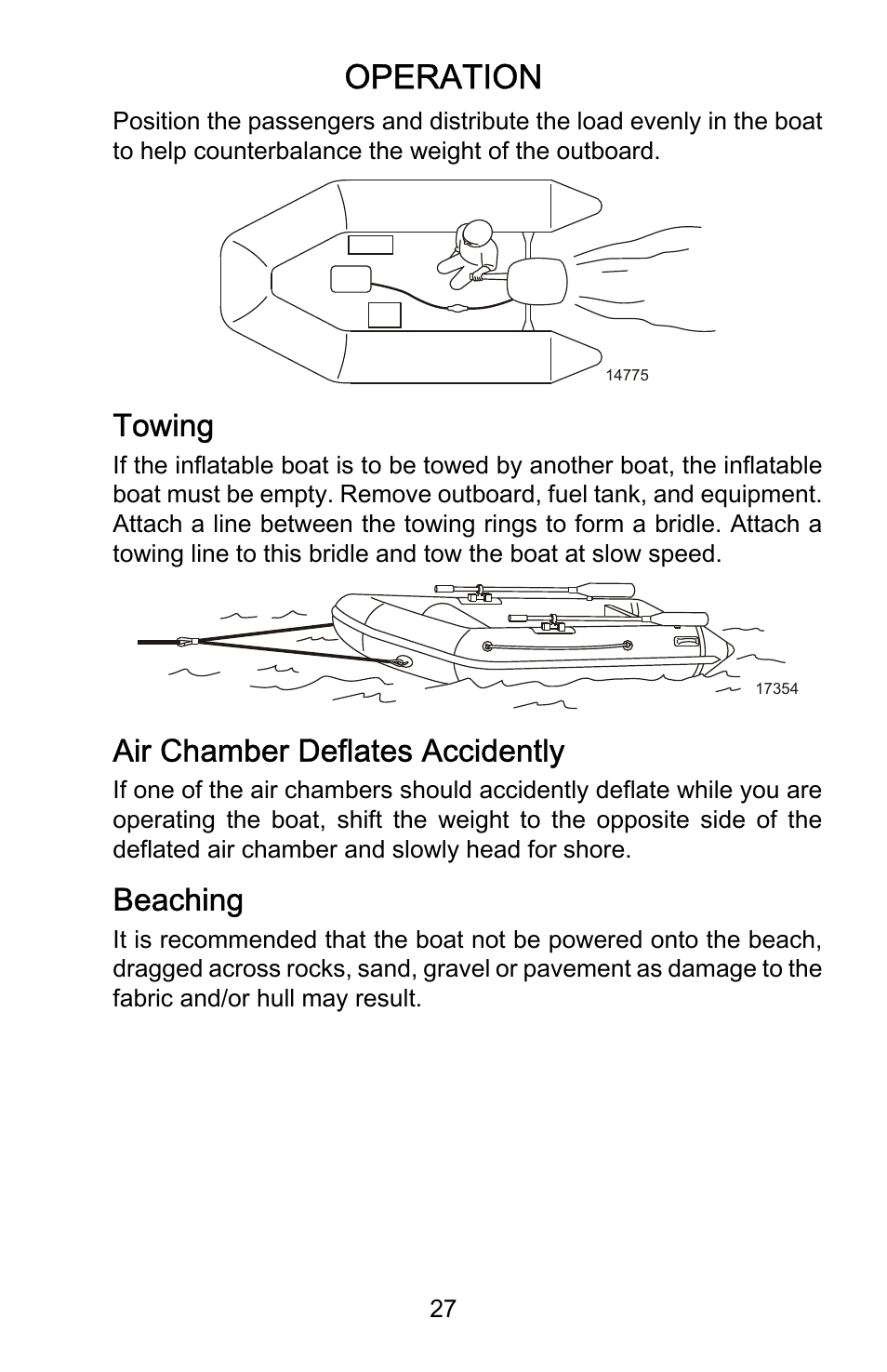 Towing, Air chamber deflates accidently, Beaching | Operation | Mercury Marine Roll Up 899197001 User Manual | Page 31 / 37