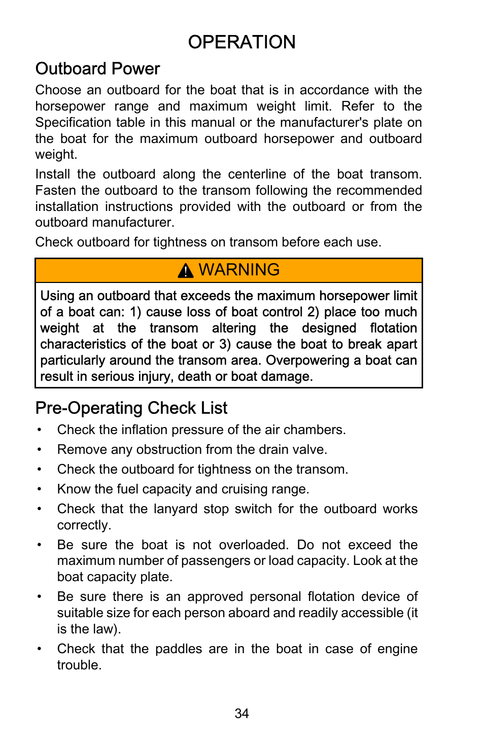 Outboard power, Pre-operating check list, Operation | Warning, Pre‑operating check list | Mercury Marine Heavy Duty 899846001 User Manual | Page 38 / 50
