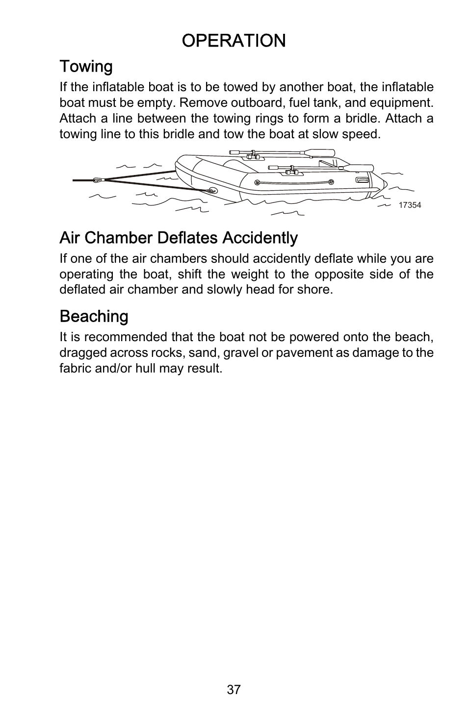 Towing, Air chamber deflates accidently, Beaching | Operation | Mercury Marine Heavy Duty 899846001 User Manual | Page 41 / 50