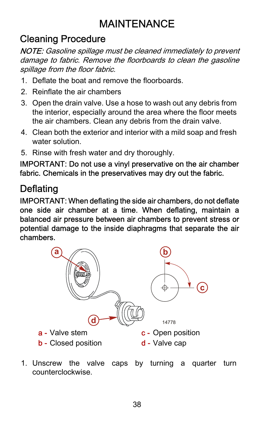 Maintenance, Cleaning procedure, Deflating | Mercury Marine Heavy Duty 899846001 User Manual | Page 42 / 50
