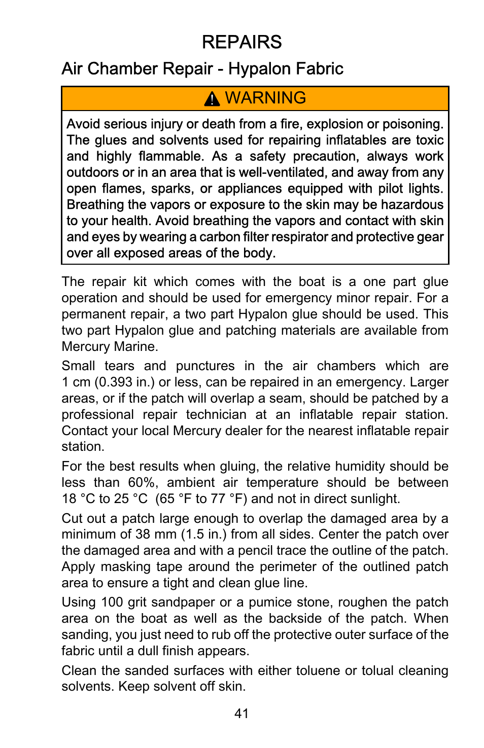 Repairs, Air chamber repair - hypalon fabric, Air chamber repair ‑ hypalon fabric | Warning | Mercury Marine Heavy Duty 899846001 User Manual | Page 45 / 50