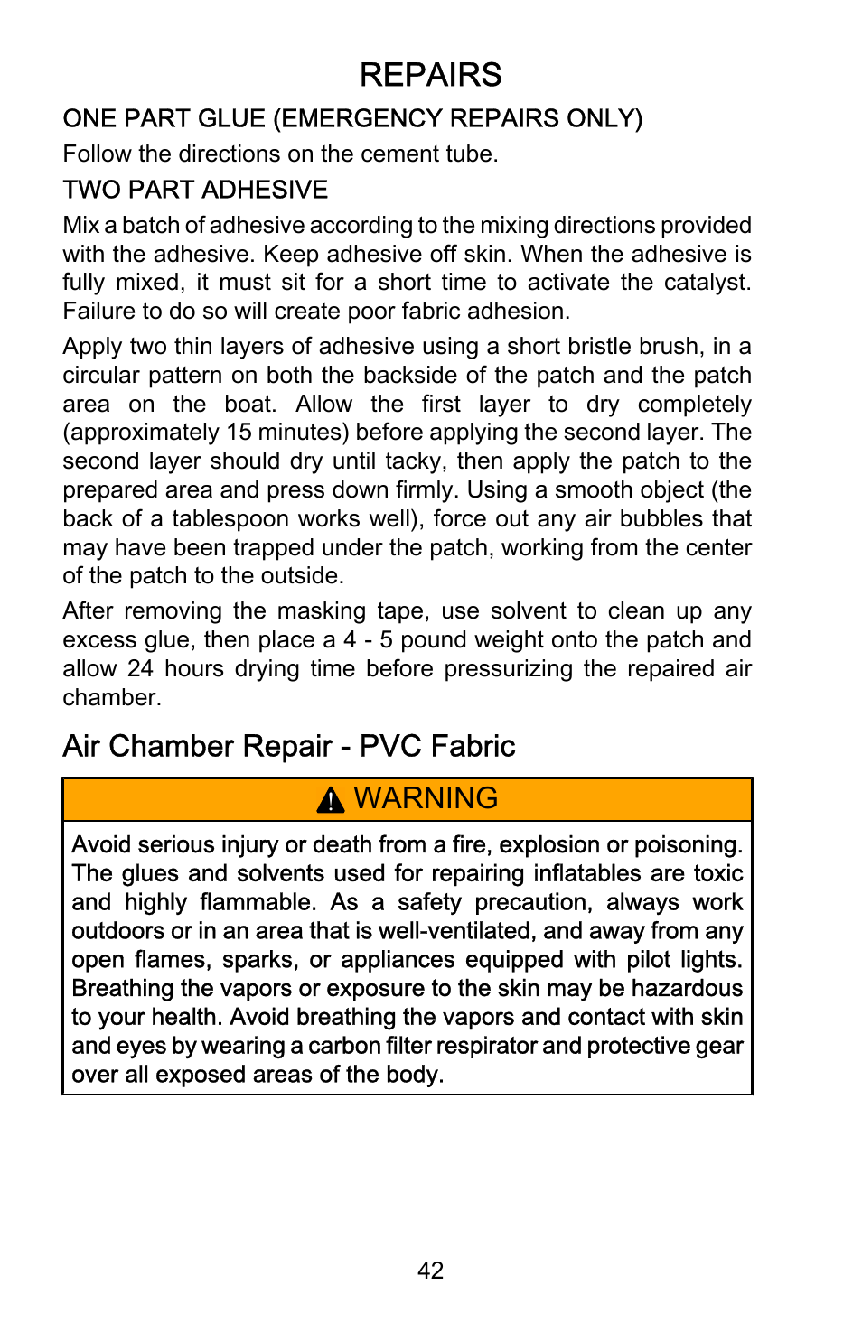 Air chamber repair - pvc fabric, Repairs, Air chamber repair ‑ pvc fabric | Warning | Mercury Marine Heavy Duty 899846001 User Manual | Page 46 / 50