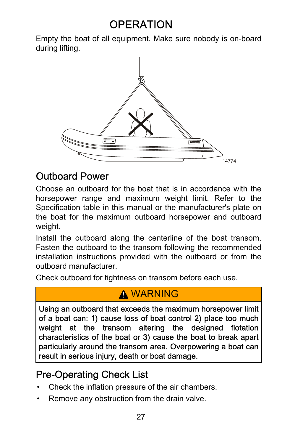 Outboard power, Pre-operating check list, Operation | Warning, Pre‑operating check list | Mercury Marine Ocean Runner 898393001 User Manual | Page 31 / 40