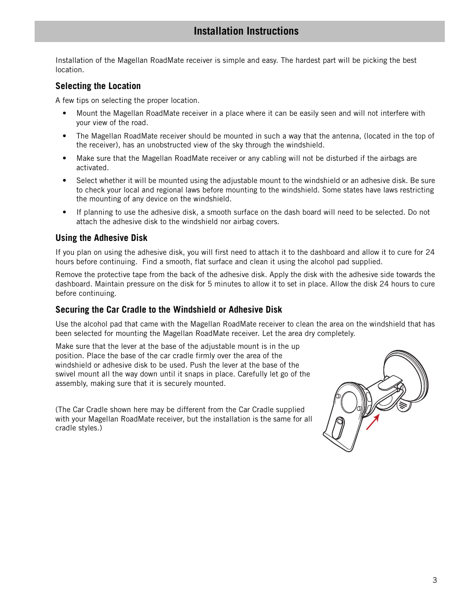 Installation instructions, Selecting the location, Using the adhesive disk | Magellan RoadMate 1470 User Manual | Page 11 / 44