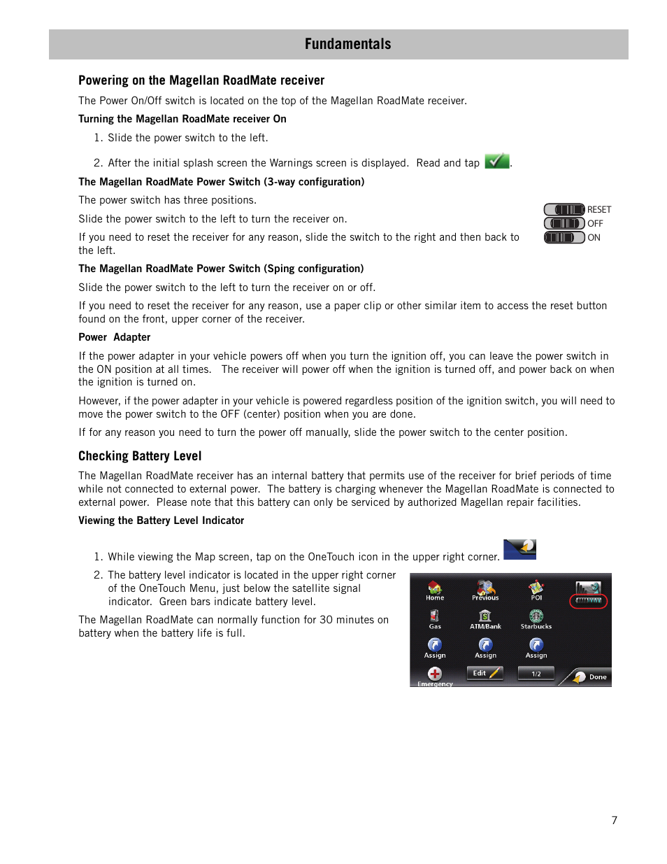 Fundamentals, Powering on the magellan roadmate receiver, Checking battery level | Magellan RoadMate 1470 User Manual | Page 15 / 44