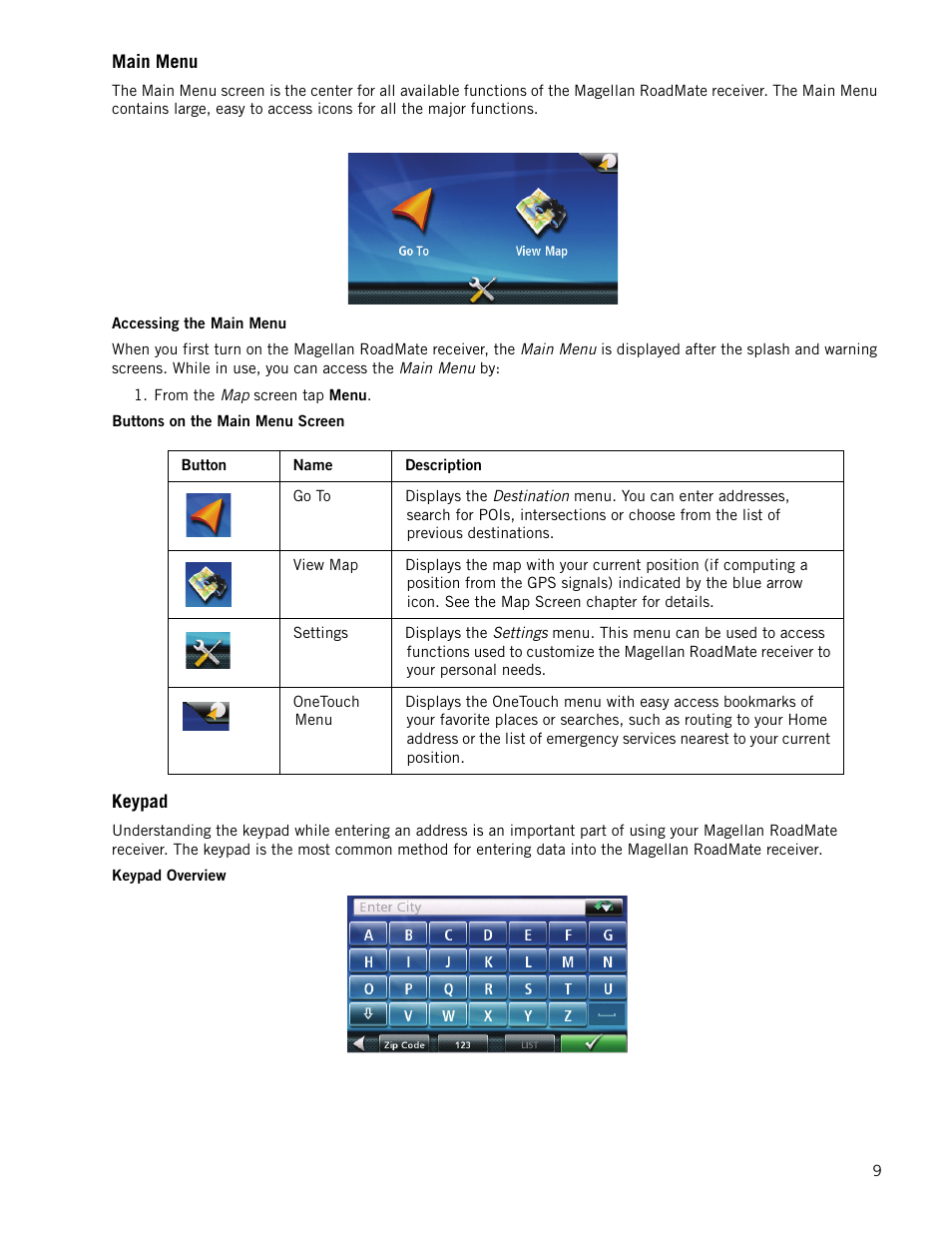 Main menu, Keypad | Magellan RoadMate 1470 User Manual | Page 17 / 44