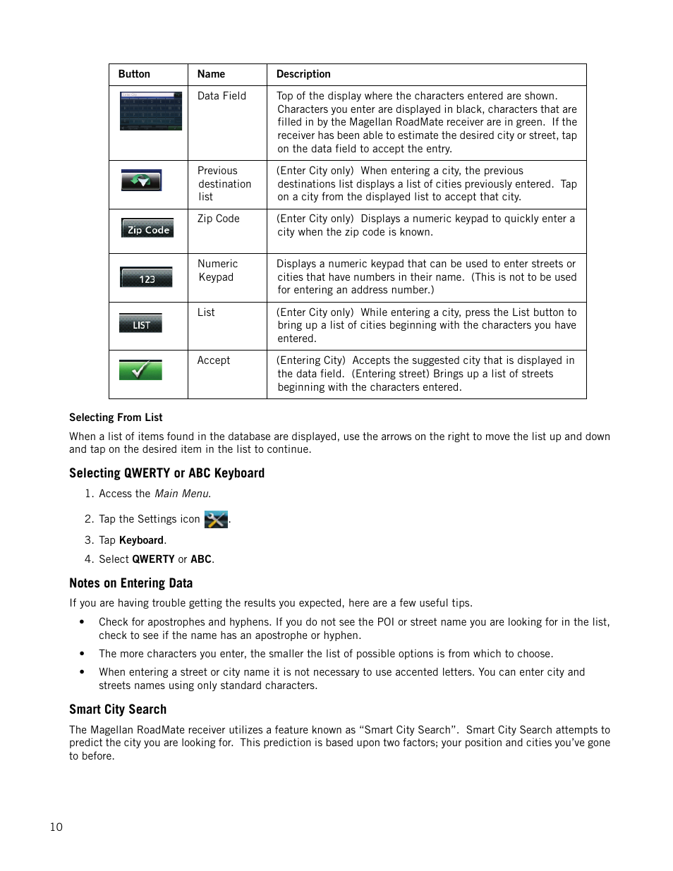 Selecting qwerty or abc keyboard, Notes on entering data, Smart city search | Magellan RoadMate 1470 User Manual | Page 18 / 44