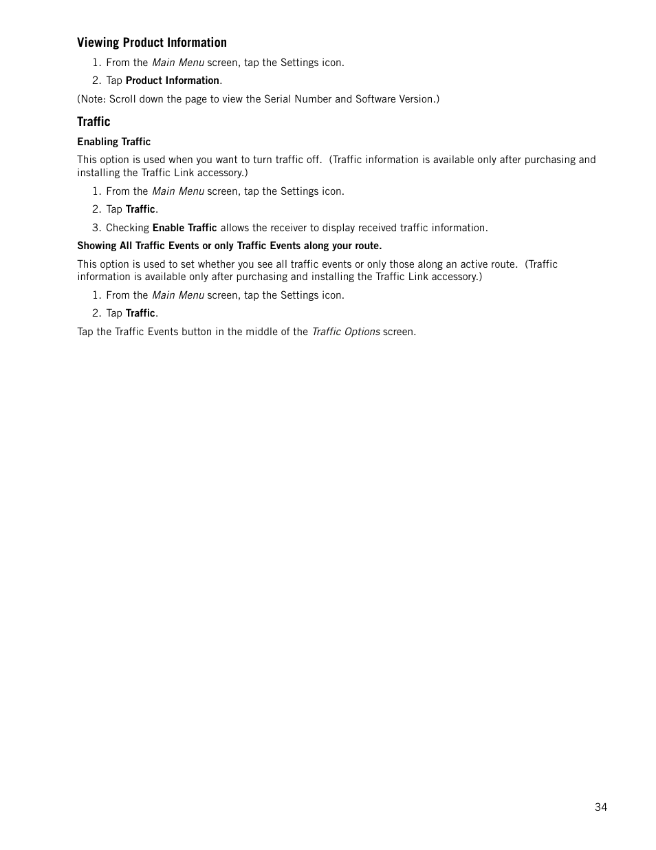 Viewing product information, Traffic, Enabling traffic | Magellan RoadMate 1470 User Manual | Page 42 / 44