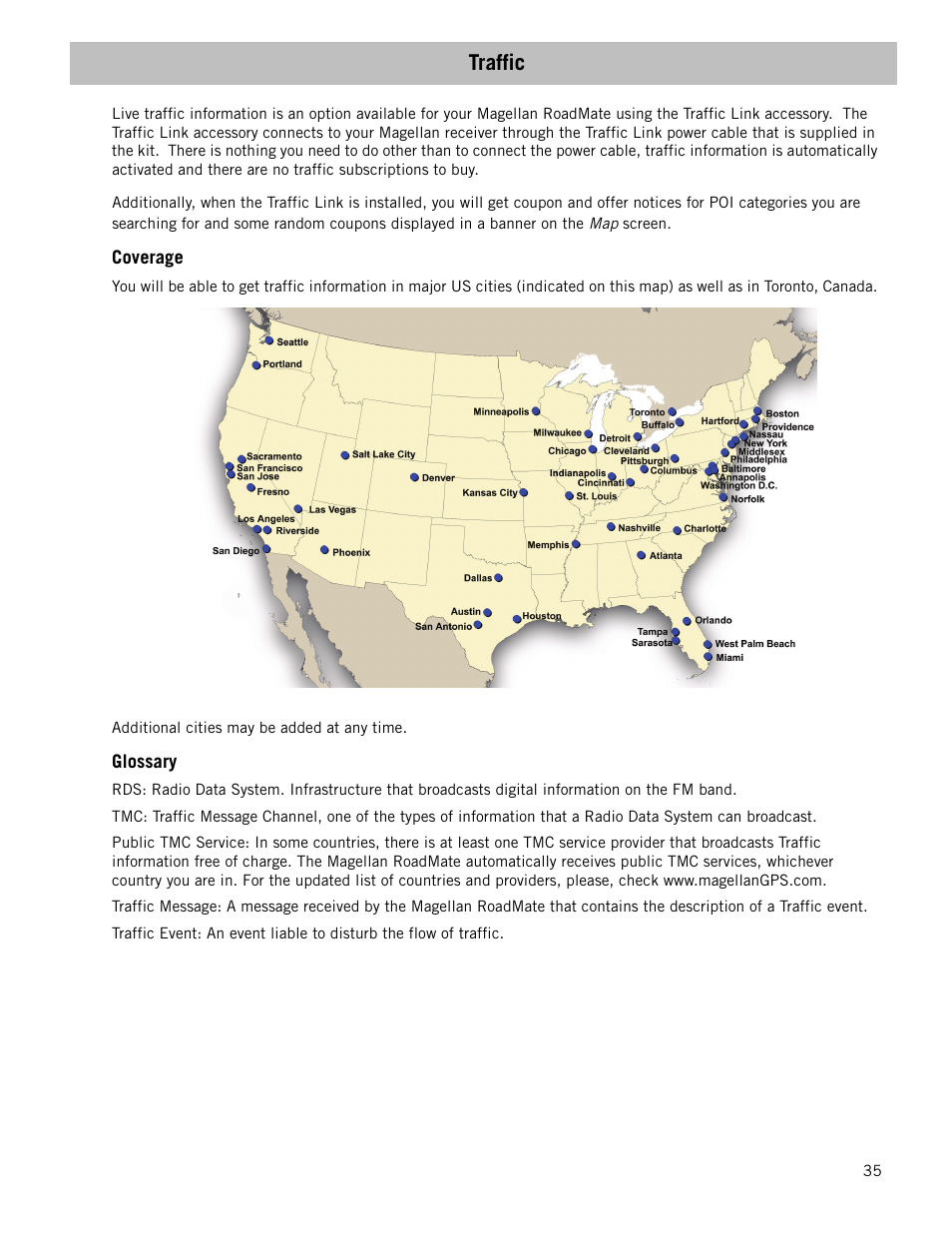 Traffic, Coverage, Glossary | Magellan RoadMate 1470 User Manual | Page 43 / 44