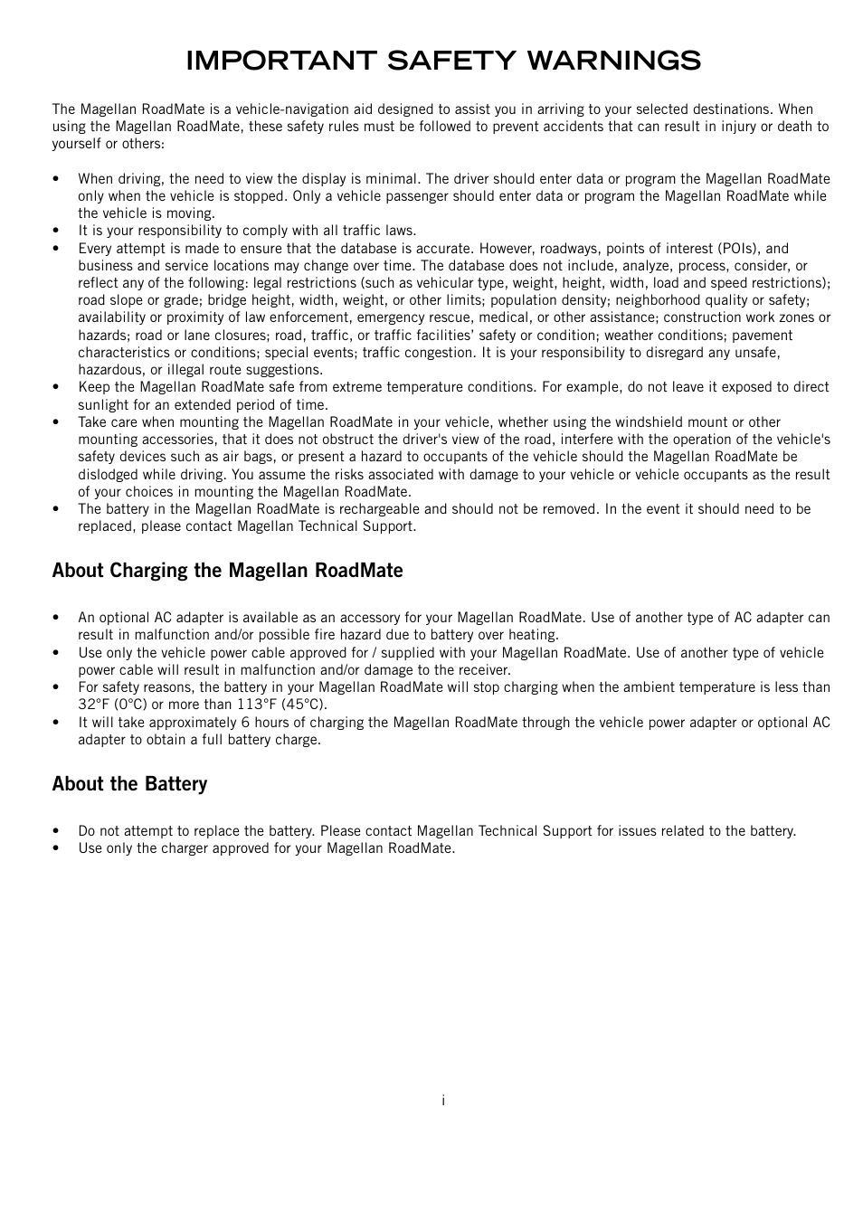 Important safety warnings, About charging the magellan roadmate, About the battery | Magellan RoadMate 1415 User Manual | Page 2 / 60