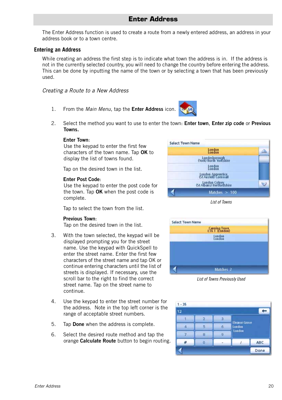 Enter address, Entering an address, Creating a route to a new address | Magellan RoadMate 1415 User Manual | Page 29 / 60