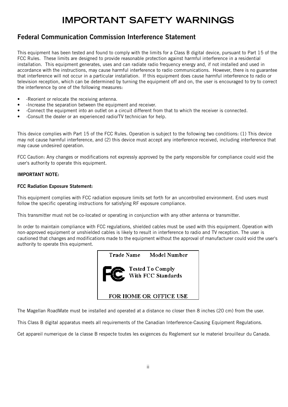 Important safety warnings | Magellan RoadMate 1415 User Manual | Page 3 / 60