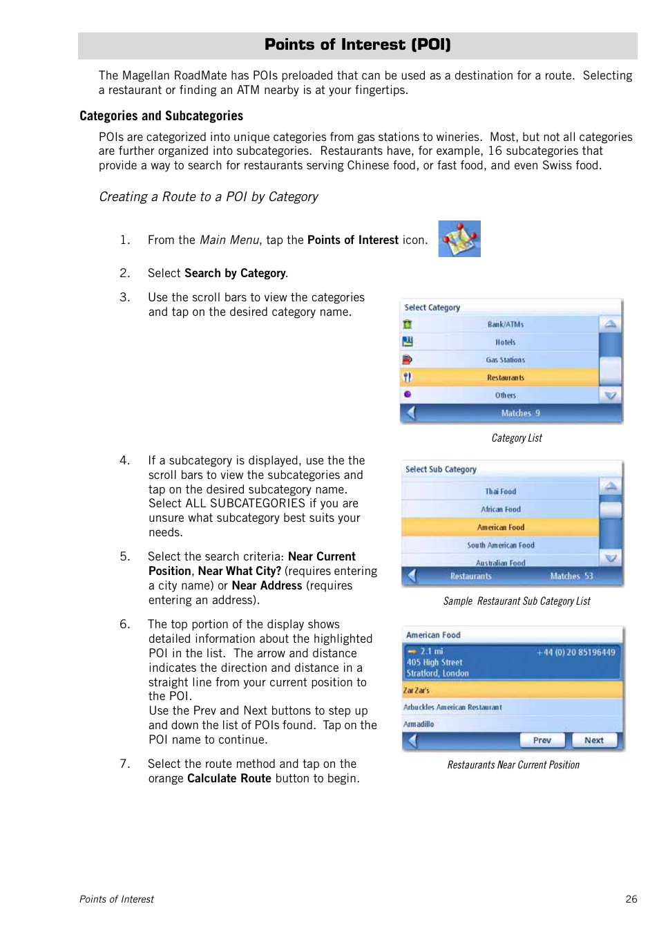 Points of interest (poi), Categories and subcategories, Creating a route to a poi by category | Magellan RoadMate 1415 User Manual | Page 35 / 60