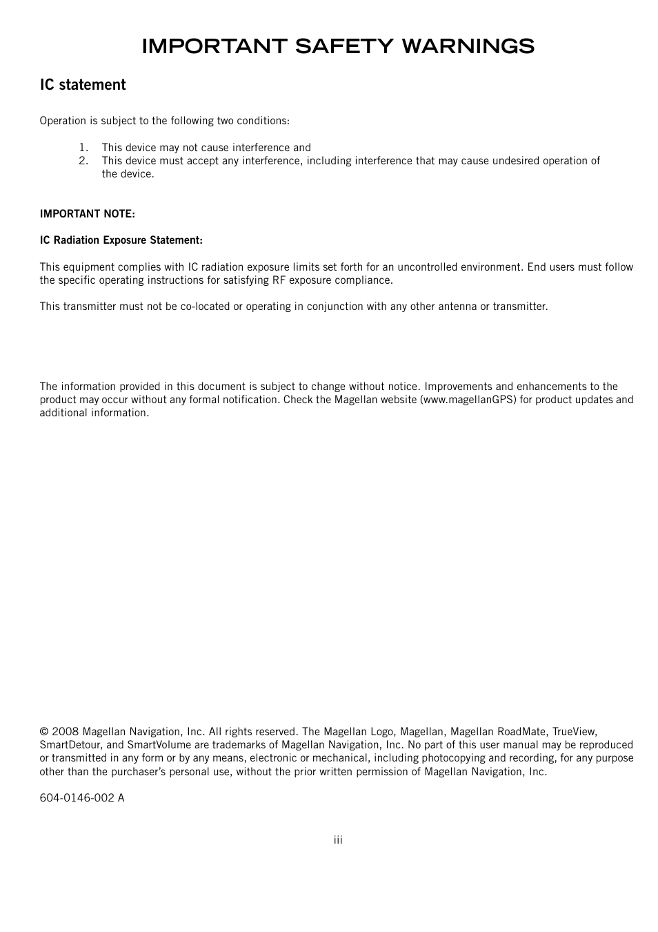 Important safety warnings, Ic statement | Magellan RoadMate 1415 User Manual | Page 4 / 60