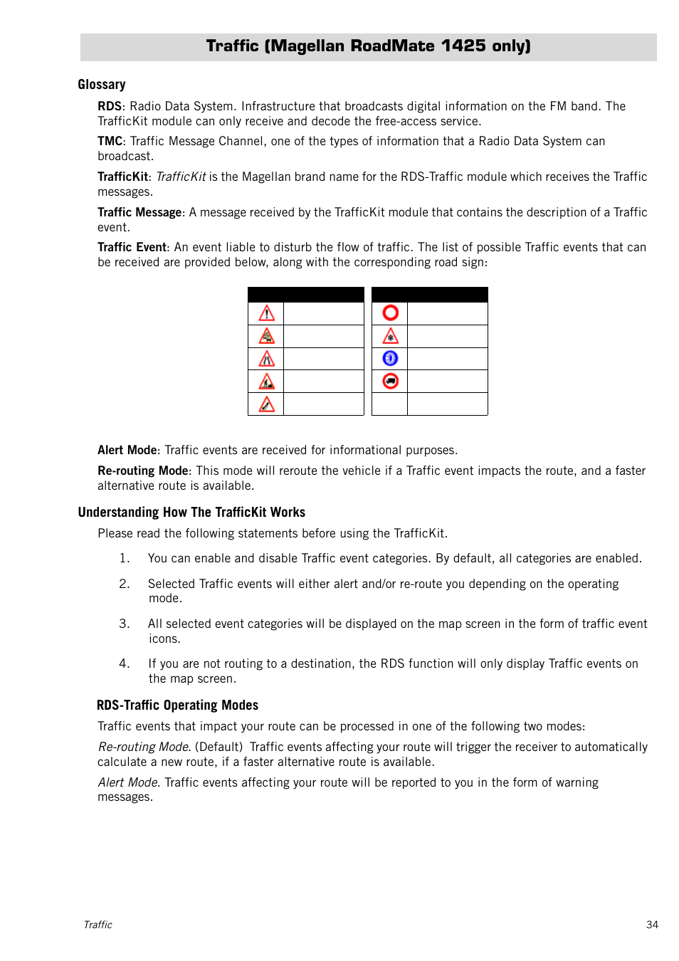 Traffic (magellan roadmate 1425 only), Glossary, Understanding how the traffickit works | Rds-traffic operating modes | Magellan RoadMate 1415 User Manual | Page 43 / 60
