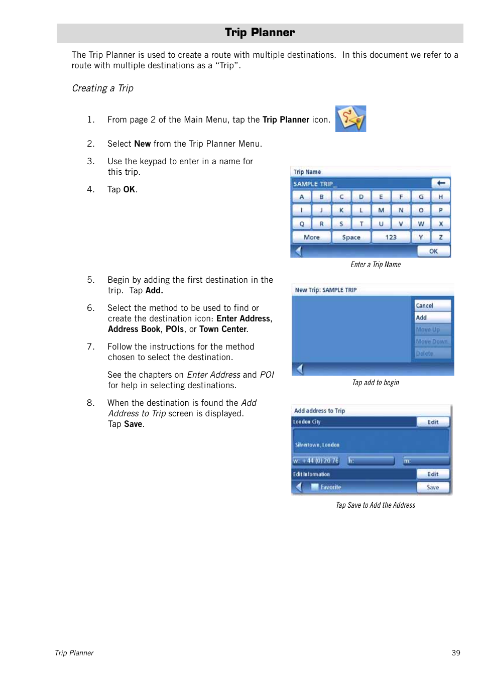 Trip planner, Creating a trip | Magellan RoadMate 1415 User Manual | Page 48 / 60