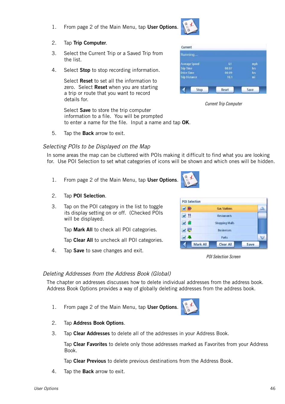Selecting pois to be displayed on the map, Deleting addresses from the address book (global) | Magellan RoadMate 1415 User Manual | Page 55 / 60
