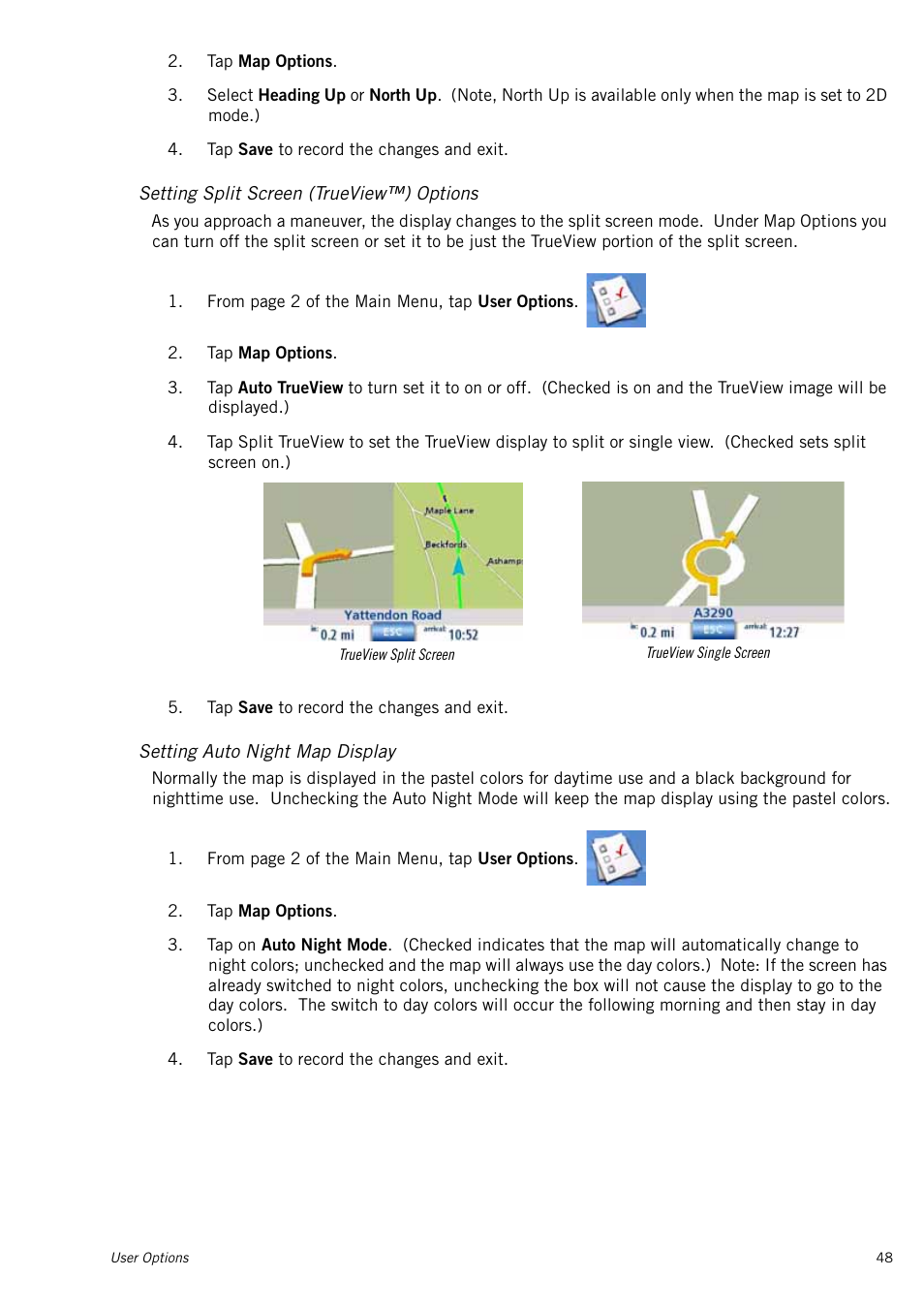 Setting split screen (trueview™) options, Setting auto night map display | Magellan RoadMate 1415 User Manual | Page 57 / 60