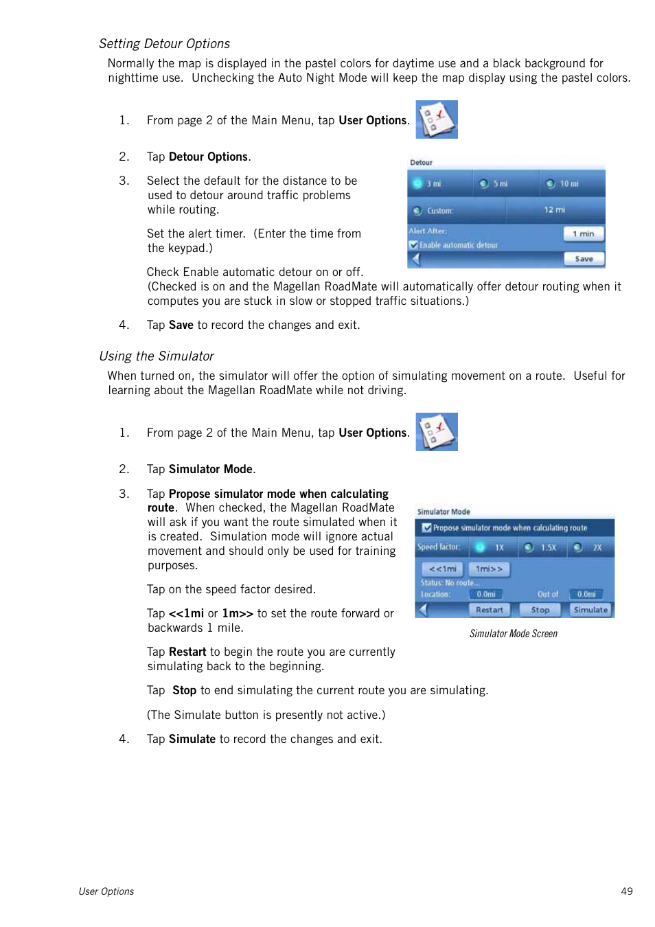 Setting detour options, Using the simulator | Magellan RoadMate 1415 User Manual | Page 58 / 60