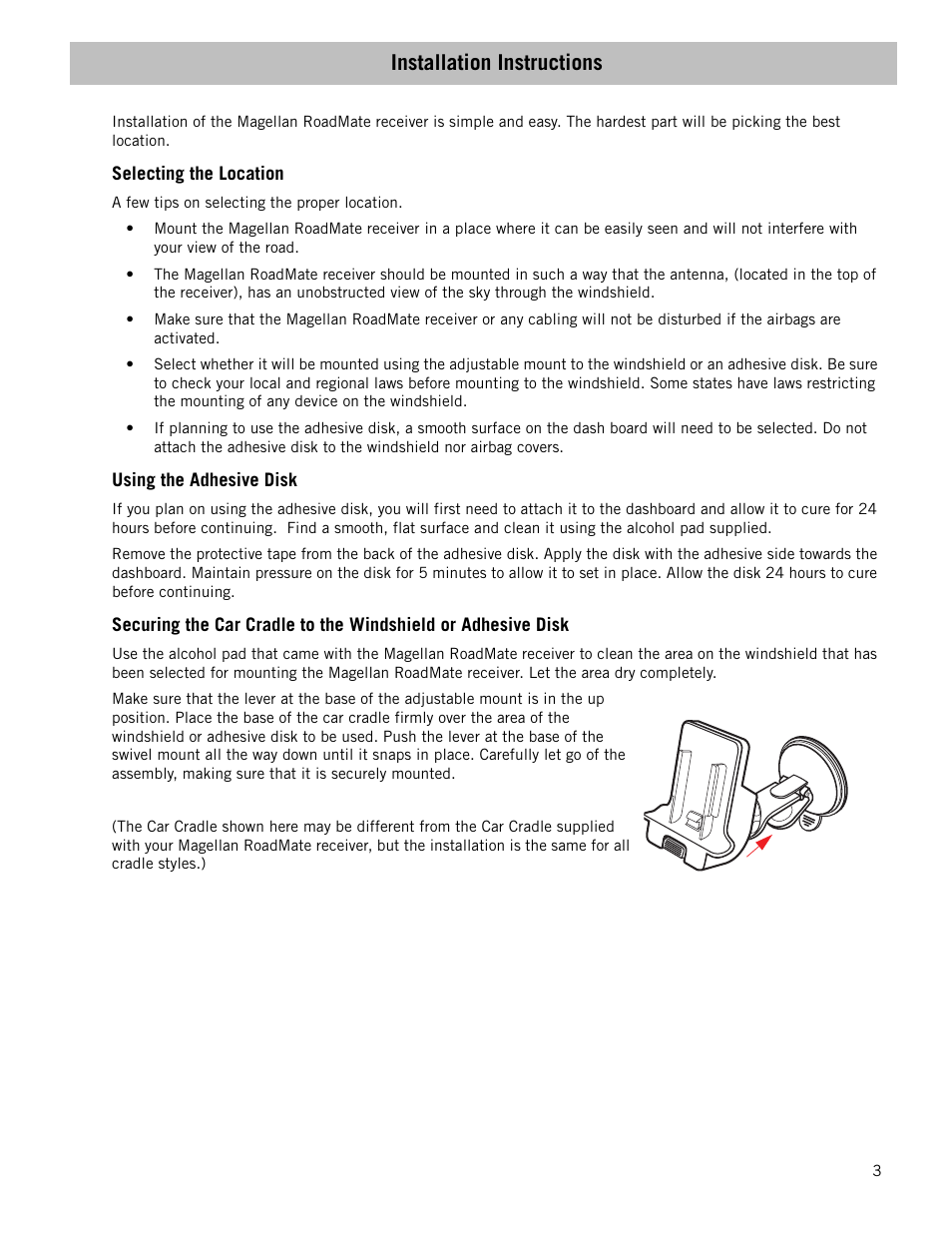 Installation instructions, Selecting the location, Using the adhesive disk | Magellan RoadMate 1700 User Manual | Page 10 / 40