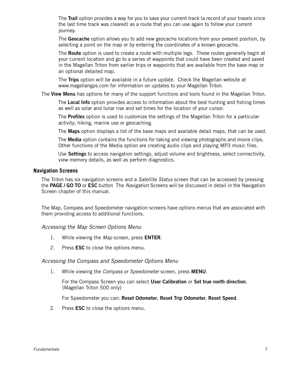 Navigation screens, Accessing the map screen options menu, Accessing the compass and speedometer options menu | Magellan Triton 500 User Manual | Page 15 / 61