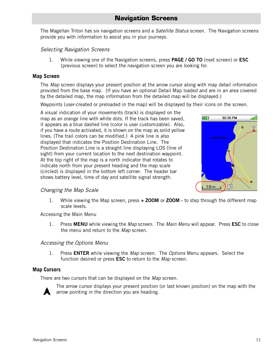 Navigation screens, Selecting navigation screens, Map screen | Changing the map scale, Accessing the options menu, Map cursors | Magellan Triton 500 User Manual | Page 19 / 61