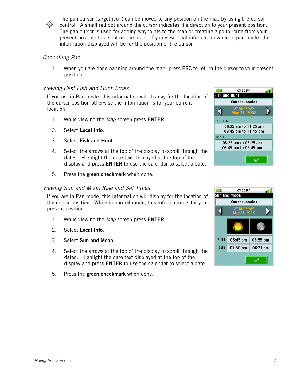 Cancelling pan, Viewing best fish and hunt times, Viewing sun and moon rise and set times | Magellan Triton 500 User Manual | Page 20 / 61