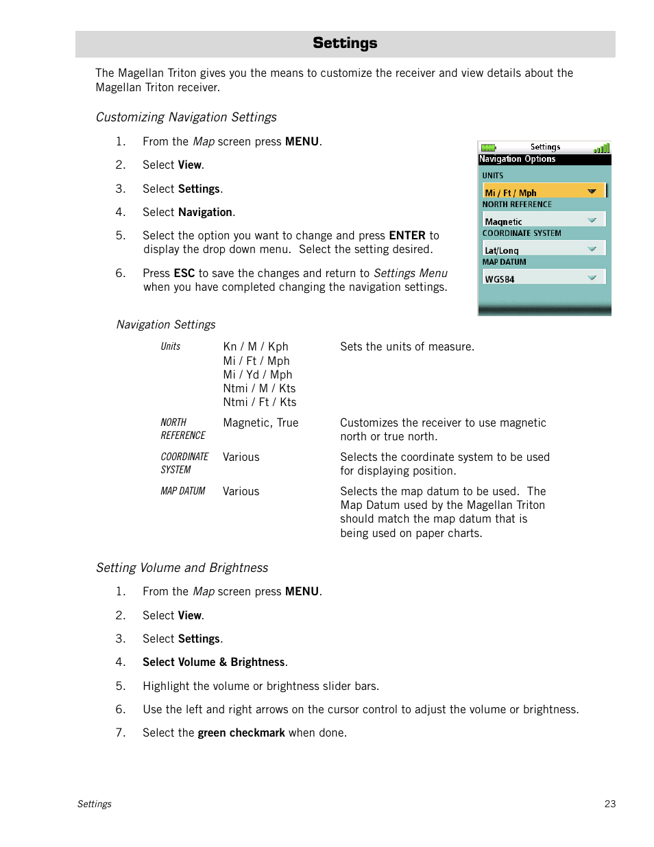 Settings, Customizing navigation settings, Setting volume and brightness | Magellan Triton 500 User Manual | Page 31 / 61