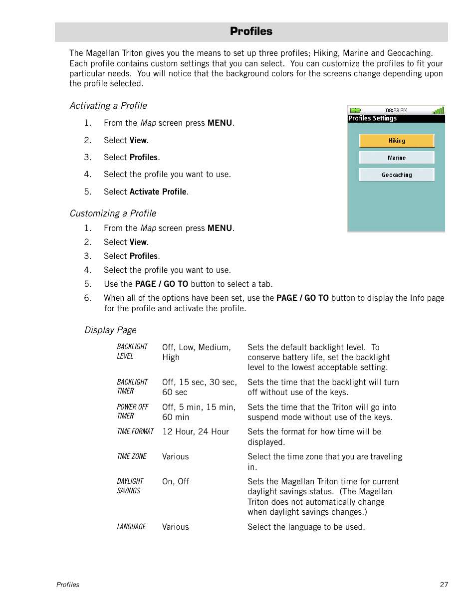 Profiles, Activating a profile, Customizing a profile | Magellan Triton 500 User Manual | Page 35 / 61