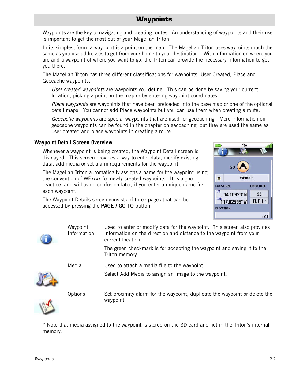 Waypoints, Waypoint detail screen overview | Magellan Triton 500 User Manual | Page 38 / 61