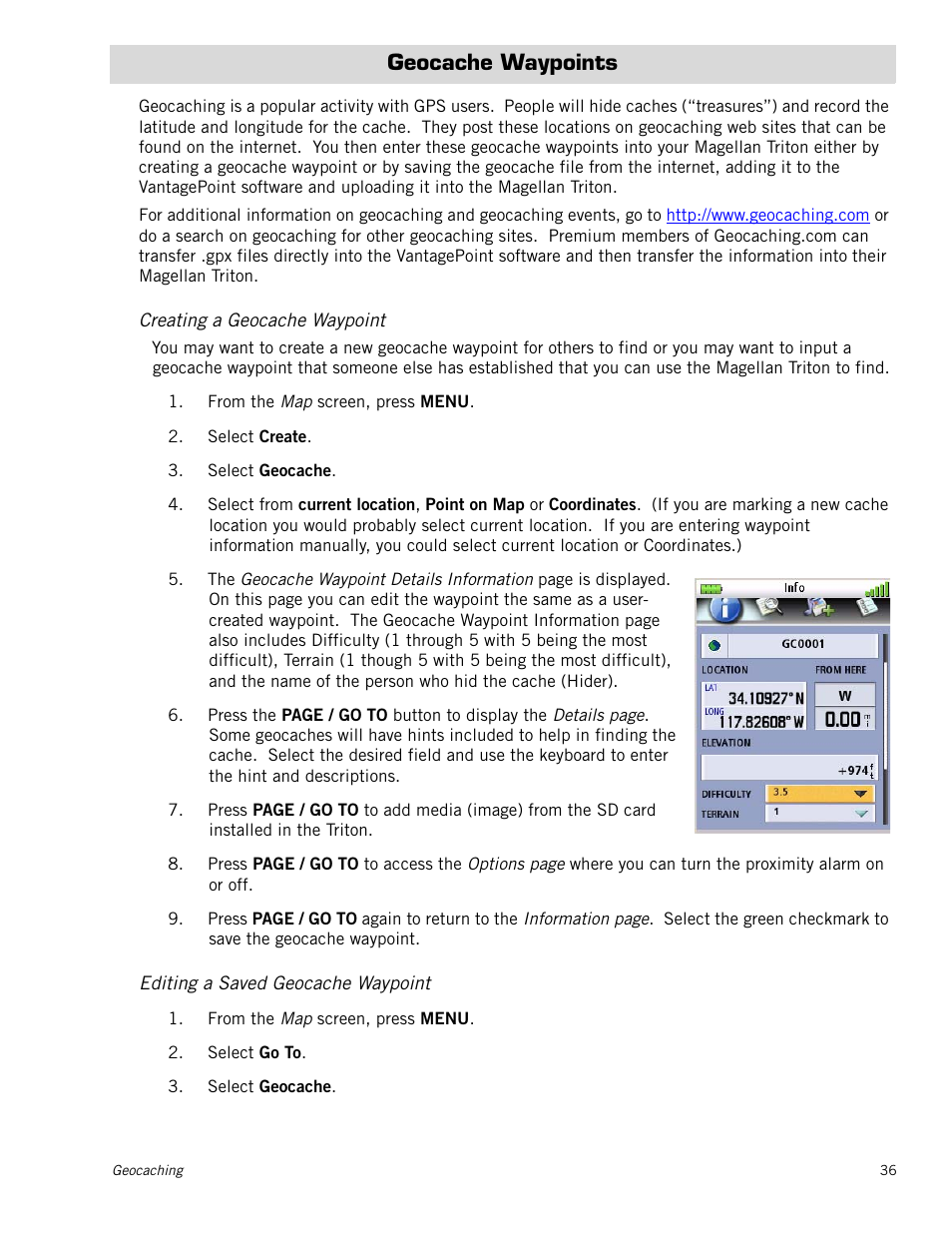 Geocache waypoints, Creating a geocache waypoint, Editing a saved geocache waypoint | Magellan Triton 500 User Manual | Page 44 / 61