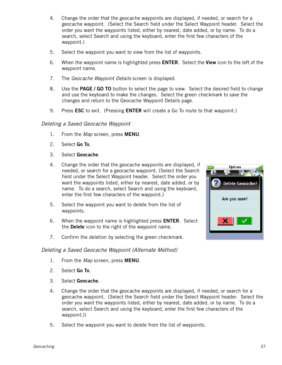 Deleting a saved geocache waypoint | Magellan Triton 500 User Manual | Page 45 / 61