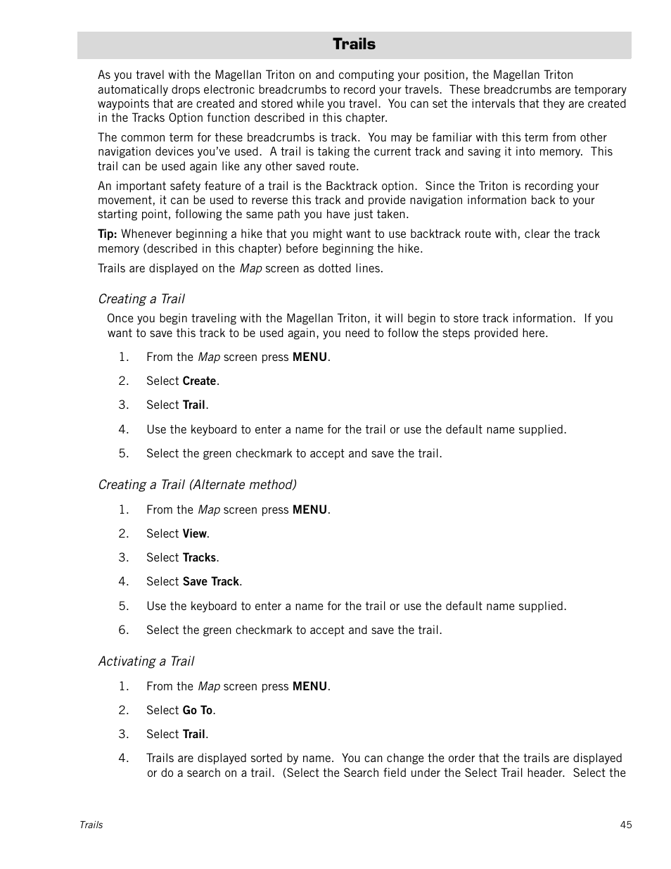 Trails, Creating a trail, Creating a trail (alternate method) | Activating a trail | Magellan Triton 500 User Manual | Page 53 / 61