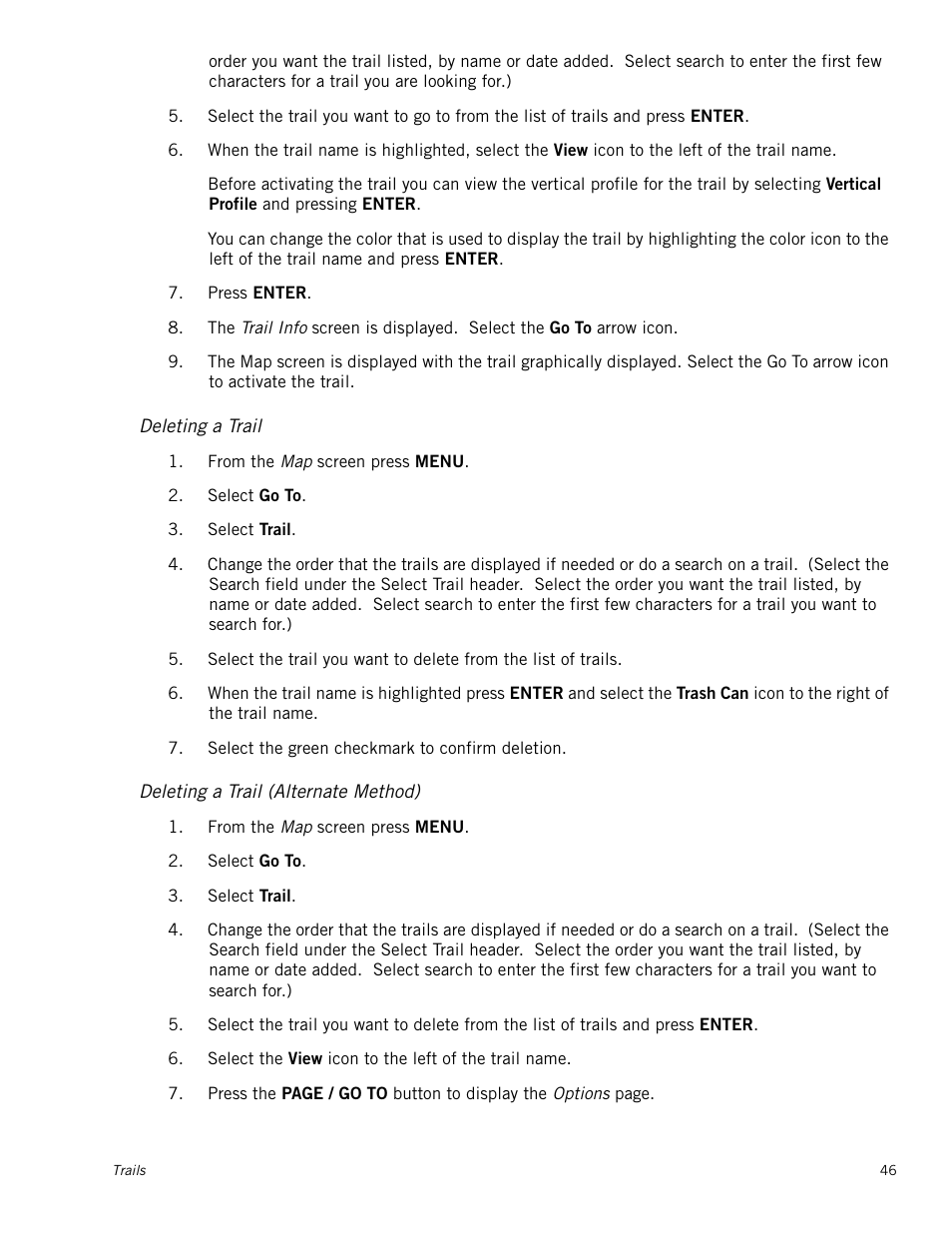 Deleting a trail, Deleting a trail (alternate method) | Magellan Triton 500 User Manual | Page 54 / 61