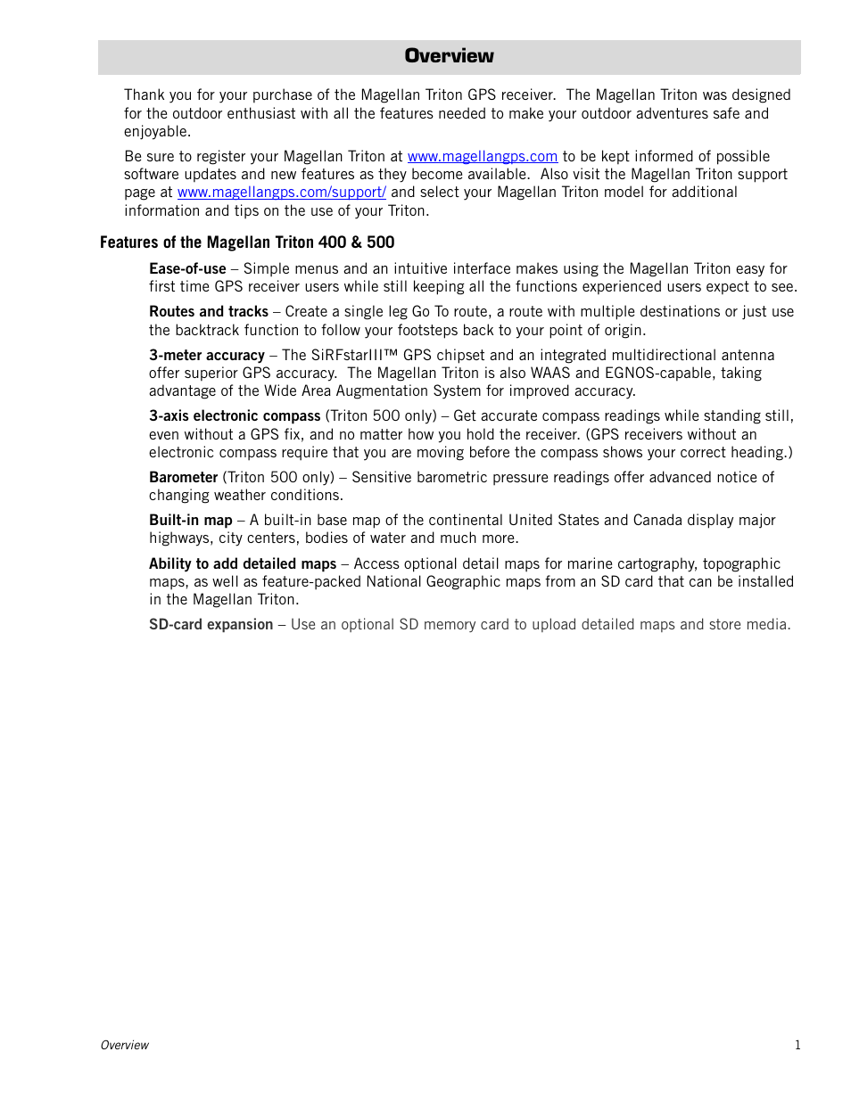 Overview, Features of the magellan triton 400 & 500 | Magellan Triton 500 User Manual | Page 9 / 61