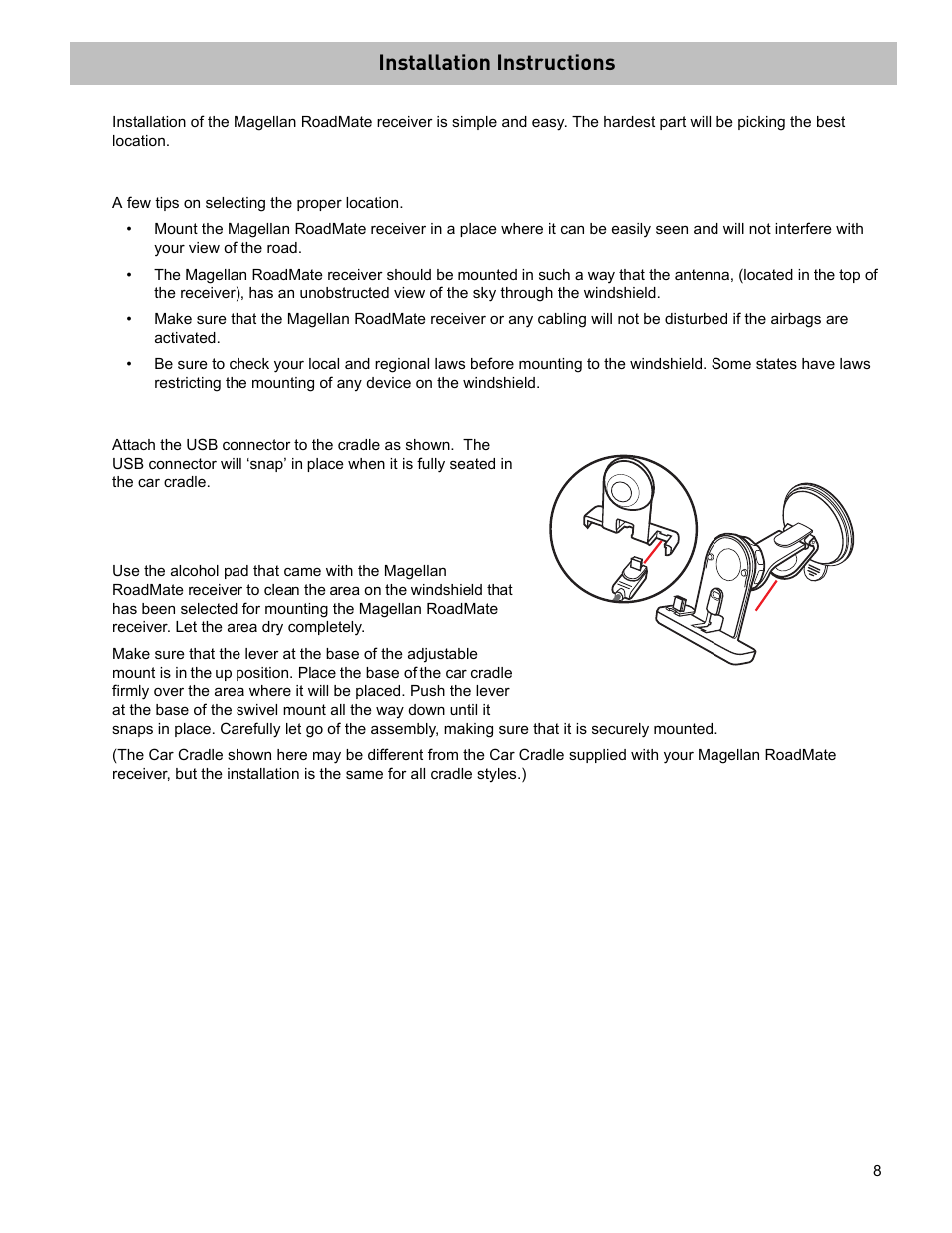 Installation instructions, Selecting the location, Attach the power cable to the car cradle | Securing the car cradle | Magellan ROADMATE 5120 User Manual | Page 17 / 42
